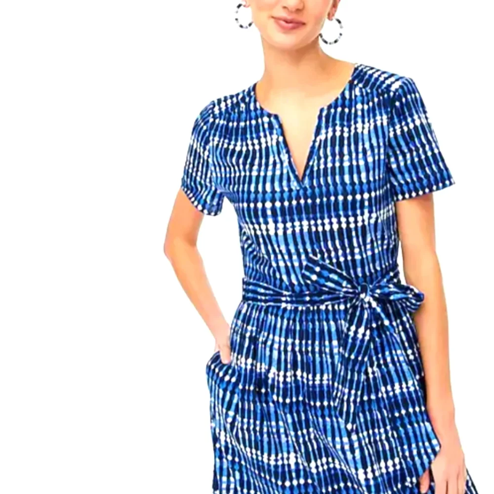 J Crew Factory Tie Dye Blue White Tiered Midi Dress 100% Cotton Pocket Sz 6 Belt - Picture 2 of 16